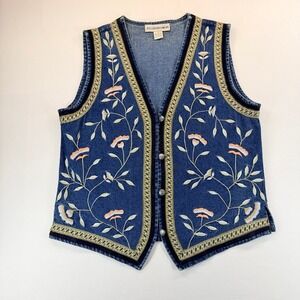 Vintage 90s Ellen Richman XL Floral Embroidered Denim Vest Boho Western